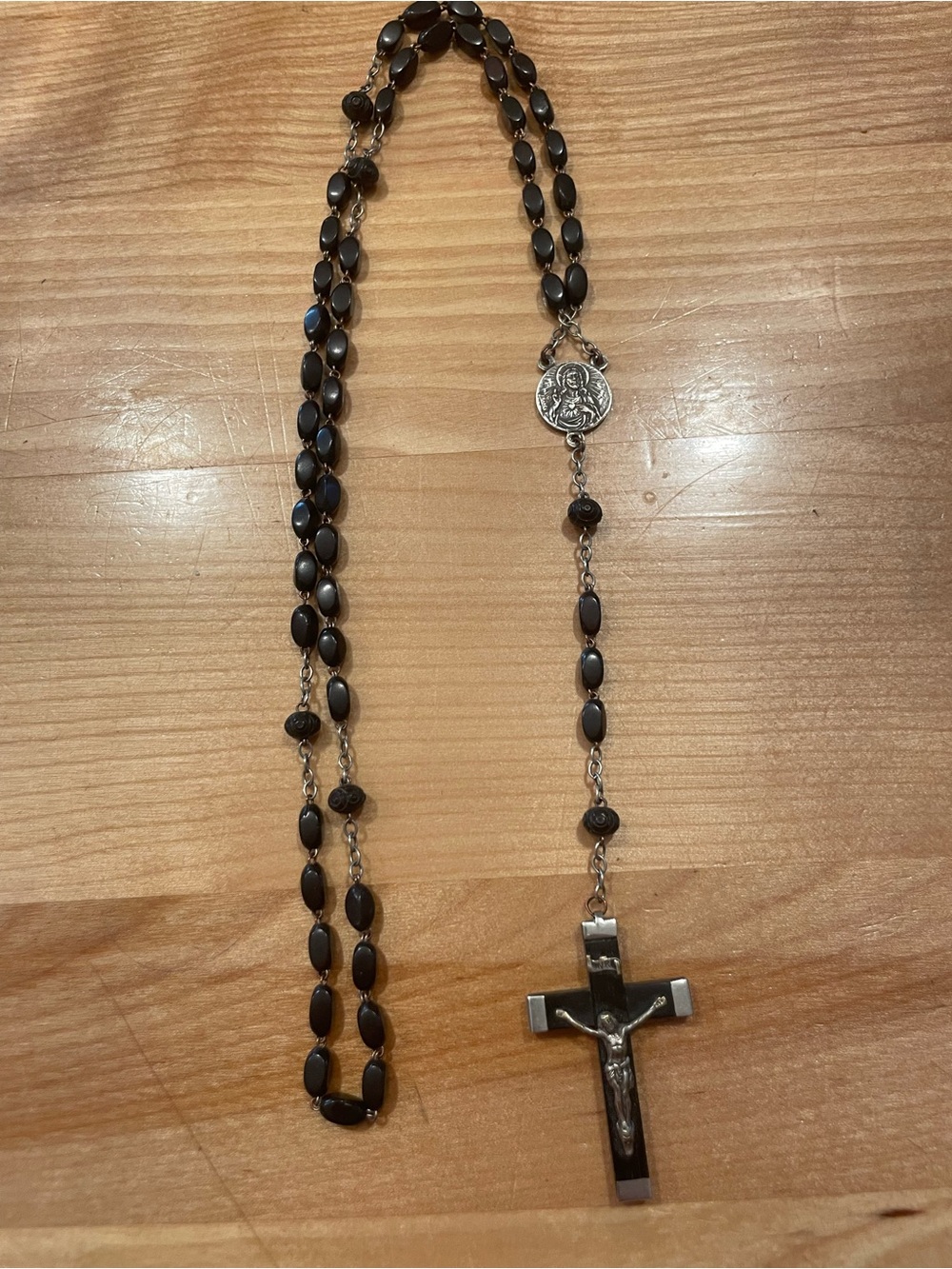 Vintage Olive Wood Bead Rosary Necklace with Crucifix made in France
